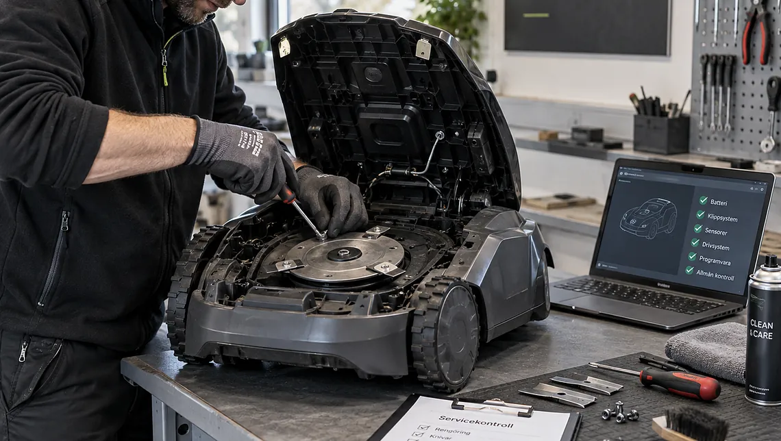 Robotgräsklipparservice i verkstaden