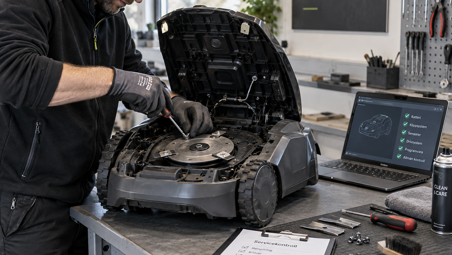Robotgräsklipparservice i verkstaden